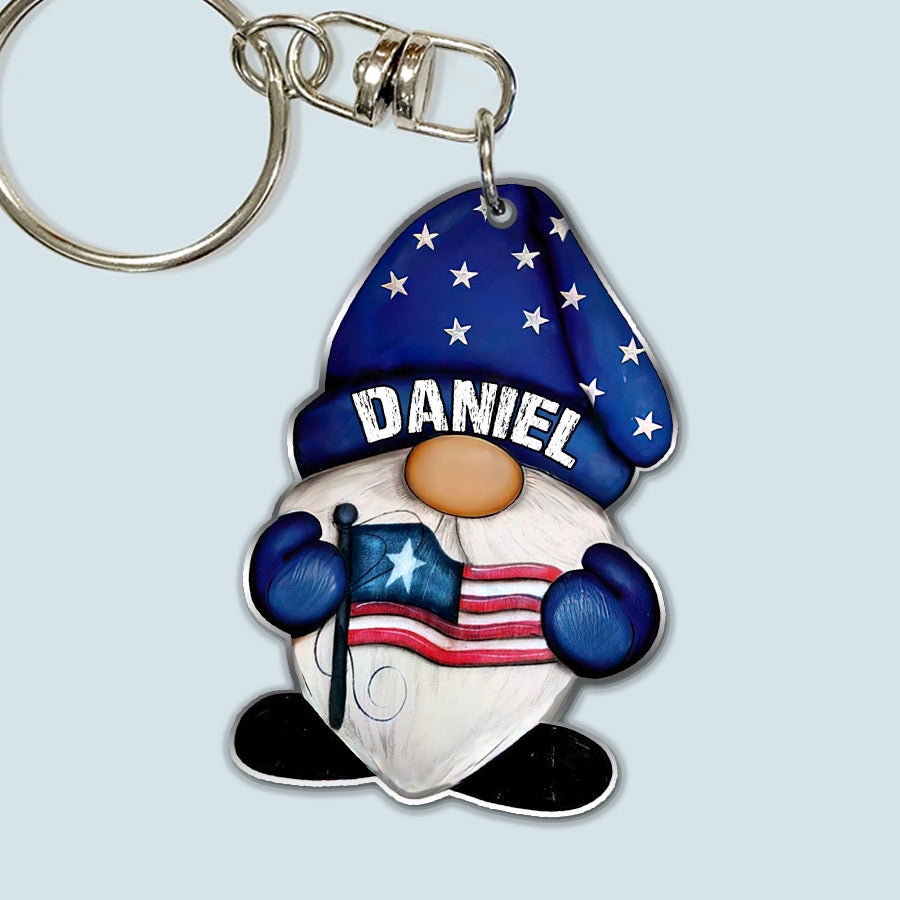 4th of July Dwarf Holding American Flag Gift For Her For Him Personalized Keychain