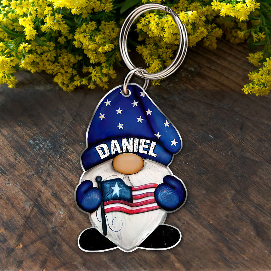 4th of July Dwarf Holding American Flag Gift For Her For Him Personalized Keychain